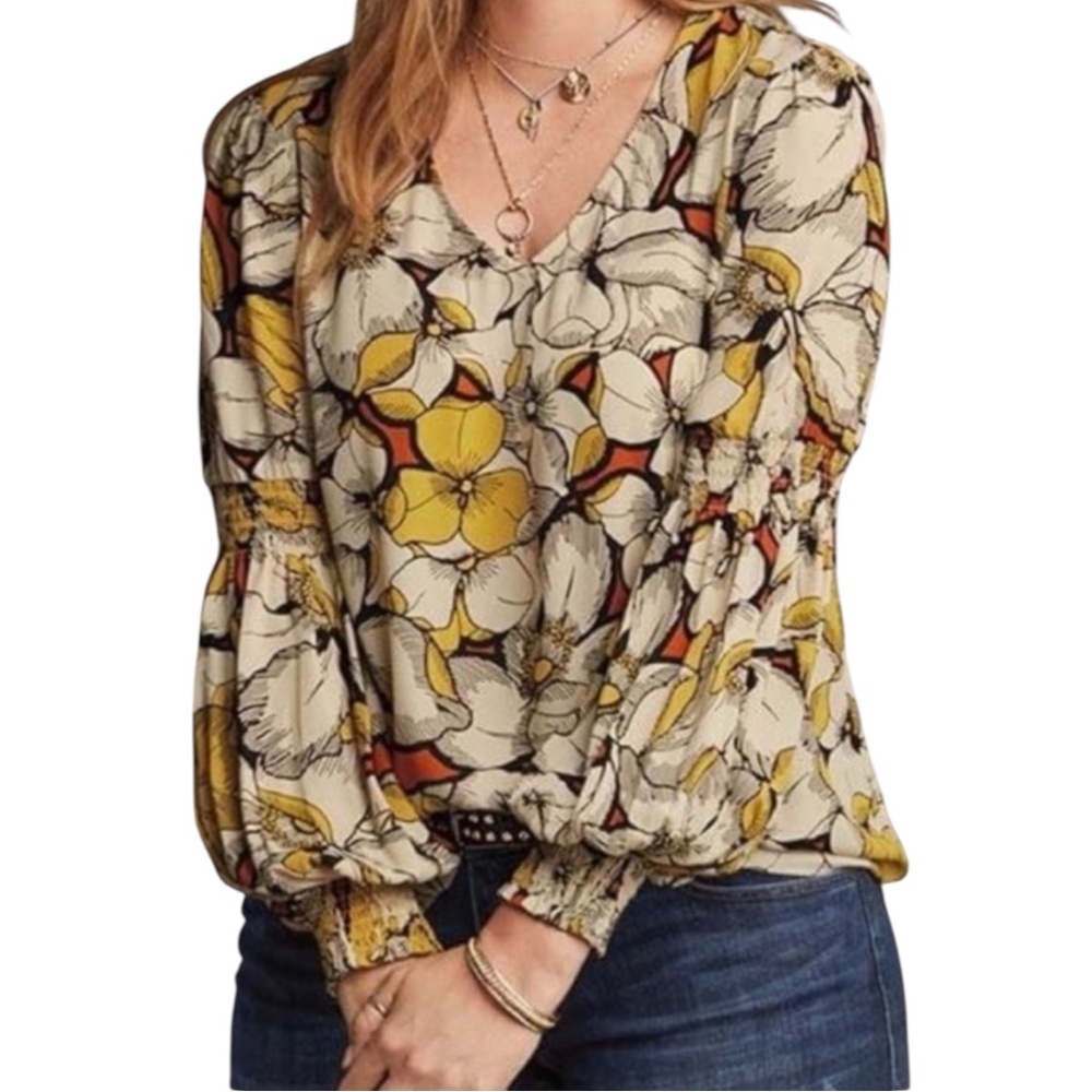 CAbi Sequel V-neck Floral Yellow Semi Sheer Blouse Size M -- Style #3954